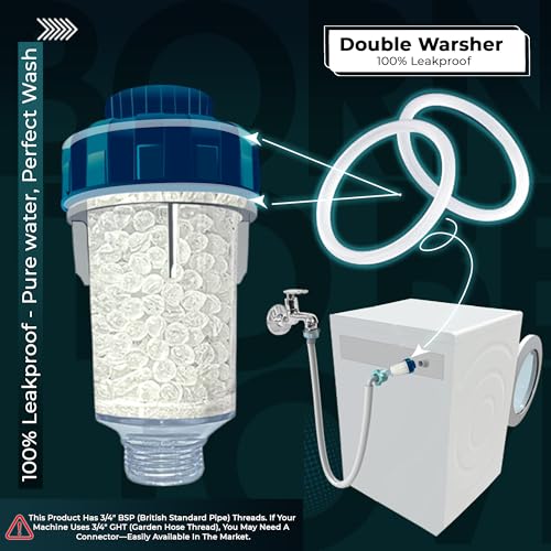 Inline Water Filter for Washing Machine | Washer Hose Filter & Water Softener with Crystal Resin Balls | 100% Leakproof Design
