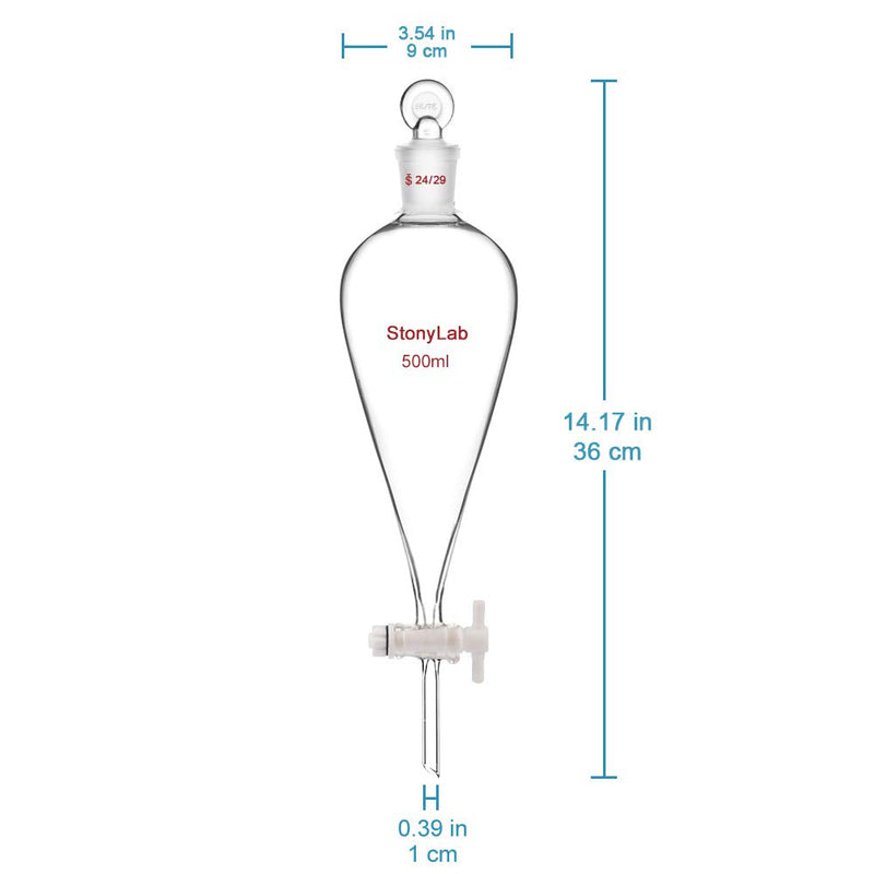 stonylab PTFE Stopcock Separatory Funnel 500 ml, Borosilicate Glass Heavy Wall Conical Pear-Shaped Funnel with 24/29 Joint