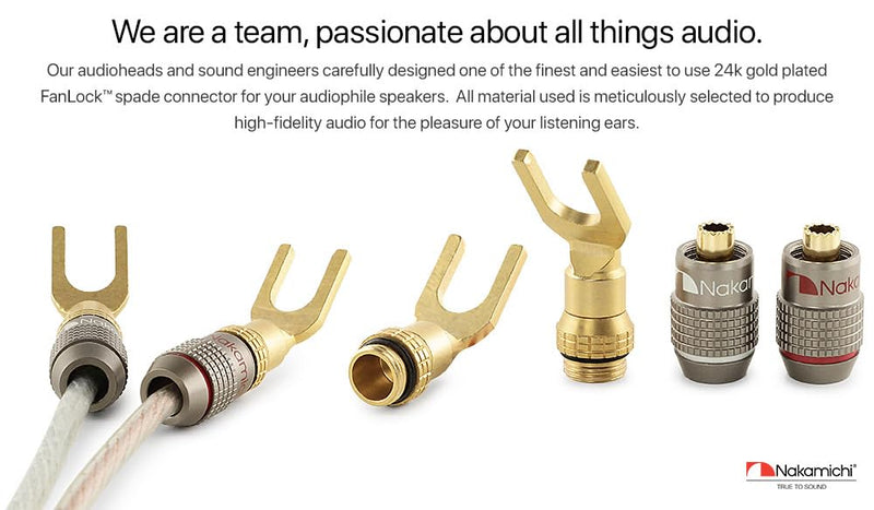 Nakamichi FanLock Excel Series 24k Gold Plated Spade Connector Banana Plug 10 AWG - 18 AWG Gauge Size 4mm for Speakers Amplifier Hi-Fi Home Theatre Wire Cable Quick Connector, 12 Pcs (6-Pairs) 12 Pcs (6-Pairs)