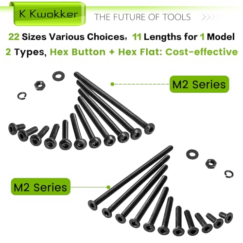 2060Pcs M2 Screw Kit Hex Socket Button & Flat Head Bolts and Nuts M2 - Button Head & Flat Head
