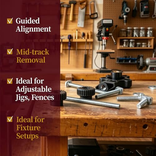 O'SKOOL T Track Bolts Drop-in Hardware Kit 60PCS, 1/4"-20 Thread T-Slot Bolts with Knobs and Washers, T Track Accessories for Woodworking Jigs and Fixtures, HWR007 Drop-In Hardware Kit, Set of 60