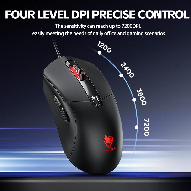 Wired Gaming Mouse, 7200 Adjustable DPI, 6 programmable Buttons, 3 Million-Click lifespan, 1.5-Meter Braided Cable, red Non-Slip Grip pad—for PC Gaming and Office use