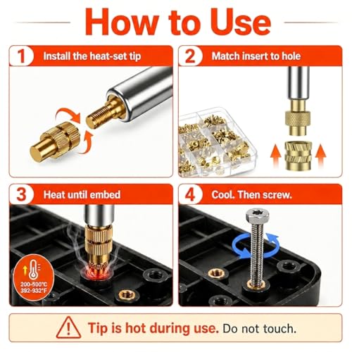 Threaded Inserts - M3 Heat Set Inserts Kit, 360Pcs Brass Heat Set Inserts for 3D Printing & Plastic, with 60W Digital Soldering Iron, Bolts, Nuts, Washers & Wrenches - Complete Fastening Solution
