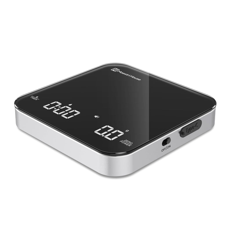 Rechargeable Mini Coffee Scale with Timer, Maestri House Espresso Scale, 2kg/0.1g Accurate Scale for Espresso and Pour-Over Coffee, Portable Digital Kitchen Scale with Automatic Timing（Black&Silver） Black&Silver