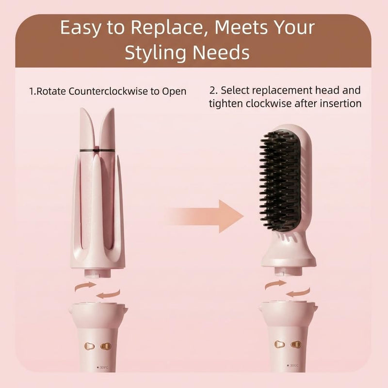  [AUSTRALIA] - 3 in 1 Automatic Hair Curler, Curling Wand with 32mm/36mm Ceramic Barrel, Hair Straightener Brush, 360° Rotating Curling Iron with 4 Temps Fast Heating(Pink) Pink