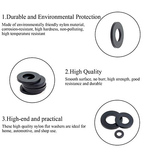 DYWISHKEY 720 Pieces 7 Sizes Black Nylon Flat Washers Assortment Kit (M3 M4 M5 M6 M8 M10 M12)