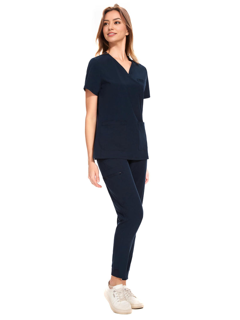 COZYFIT Medical Scrubs for Women Set - Curved V-Neck Scrub Top & Jogger Pants with 8 Pockets Large Navy Blue