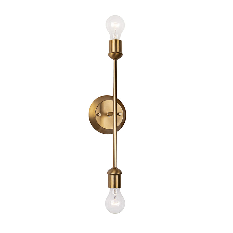 Aspen Creative 62504-11, 2 Light Wall/Vanity, 5" W x 17-3/4" H x 4-1/2" D, Plated Brass Finish, Bulb Not Included