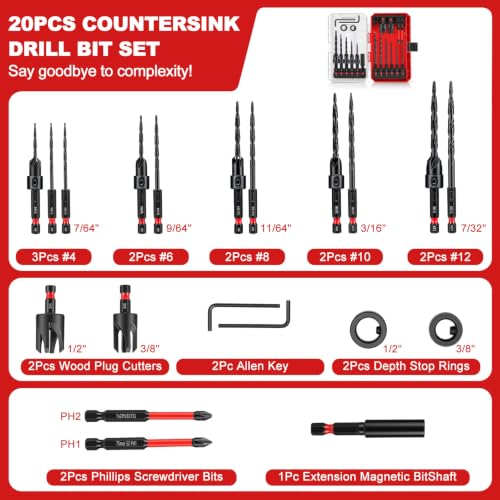 20PCS Countersink Drill Bit Set, Tapered Drill Bits Counter Sink Drill Bit 20Pc