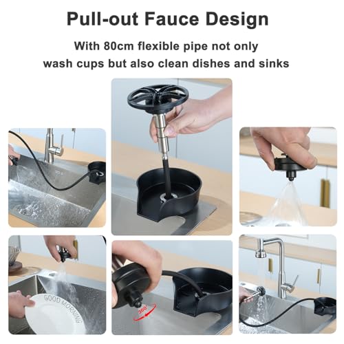 2 in1 Glass Rinser for Kitchen Sink, High Pressure 360 Degree Rotating Cup Washer with Pull-Out Spray Gun, Glass Cup Cleaner Sink Attachment Washer Clean Cups Bottles (Black) Black