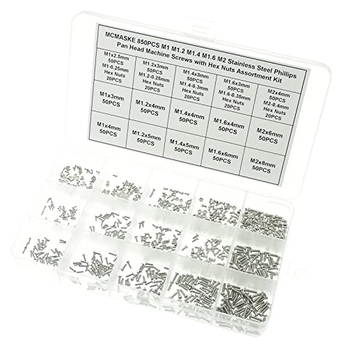 850PCS M1 M1.2 M1.4 M1.6 M2 Metric Stainless Steel Phillips Pan Head Machine Screws Nuts Assortment Kit M1, M1.2, M1.4, M1.6, M2