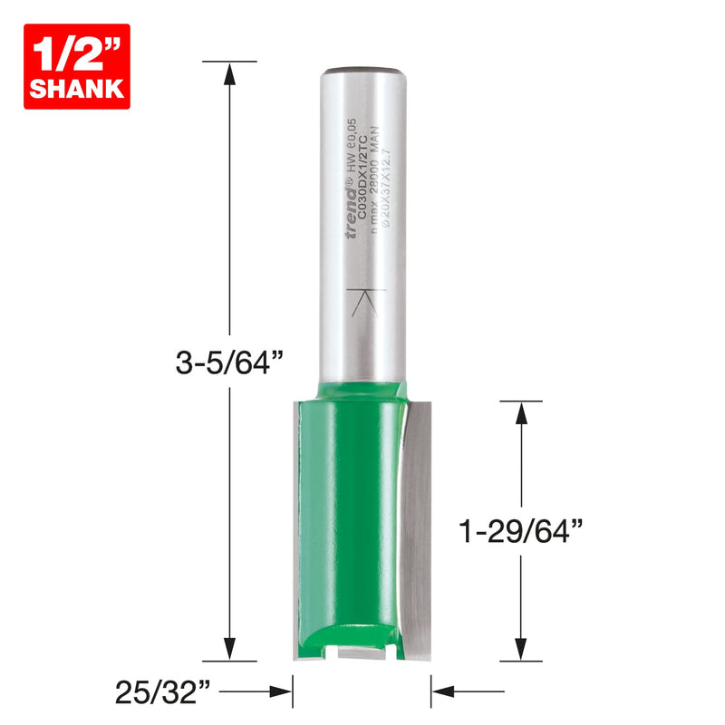Trend Craft Pro 1/2" Shank Straight Router Cutter Bit-Ref, C030DX1/2TC Diameter 20mm Cutting Length 50mm Tungsten Carbide Tipped, Shank 1/2 inch x Dia 20 mm x Cut 37 mm