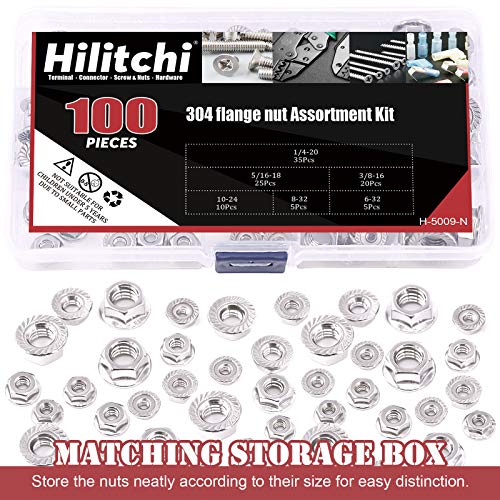 Hilitchi 100Pcs 304 Stainless Steel Serrated Flange SAE Hex Lock Nuts 1/4-20 5/16-18 3/8-16 10-24 8-32 6-32 Bright Finish Hex Flange Nuts Assortment Kit 100Pcs SAE Hex Flange Nuts