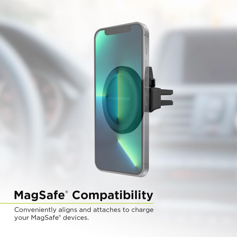 PureGear MagSafe Compatible Qi-Certified Fast Magnetic Wireless Round Car Charger for iPhone 17, Air,16,15, 15 Pro, 14, 14 Pro Max, 13, 12, Qualcomm Car Charger, Charging Cable, AirVentClip+Dash Mount
