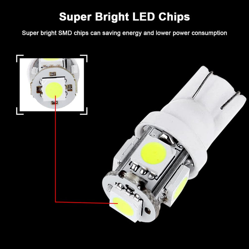 cciyu (10) T10 5-5050-SMD PC194 LED Bulb Instrument Panel Cluster Dash Light Twist Lock Socket (white) white