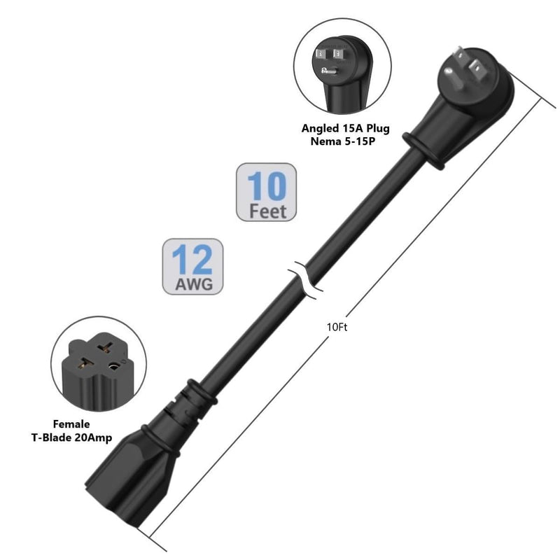 10Ft 12AWG Heavy Duty Right-Angle 15 Amp Household Plug to 20-Amp Extension-Cord, Nema 5-15P to 5-15R,5-20R,6-15R,6-20R T Blade 20Amp to 15Amp 90-Degree Extension Cable,125V 15A to 20A AC Power Cord