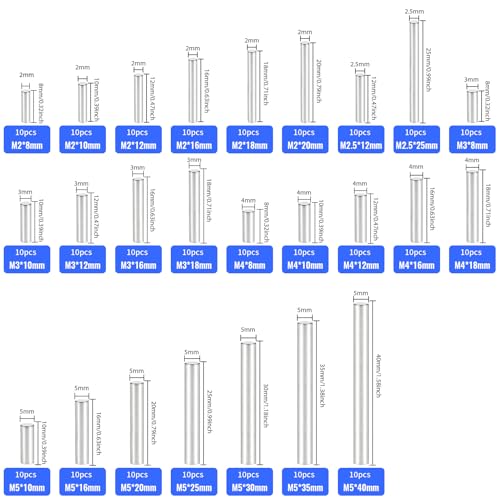 250Pcs Stainless Steel Dowel Pins - Shelf Brackets, Pegs, Hardware for Bunk Bed Replacement, DIY Shelving, Cabinet Supports (M2/M2.5/M3/M4/M5) M2/M2.5/M3/M4/M5
