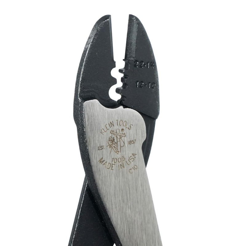 Klein Tools 1006 Cutting / Crimping Tool, Made in USA, Crimps 10 to 22 AWG Solderless Terminals and Connectors, with Wire Cutter in Tapered Nose Crimping Pliers