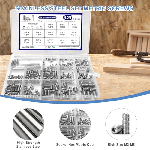 320 Pcs Metric Set Screw M3 M4 M5 M6 M8 Hex Socket Head Multi-Size Kit,304 Stainless Steel Set Screw Assortment Kit, for DIY & Professional Use with Storage Box