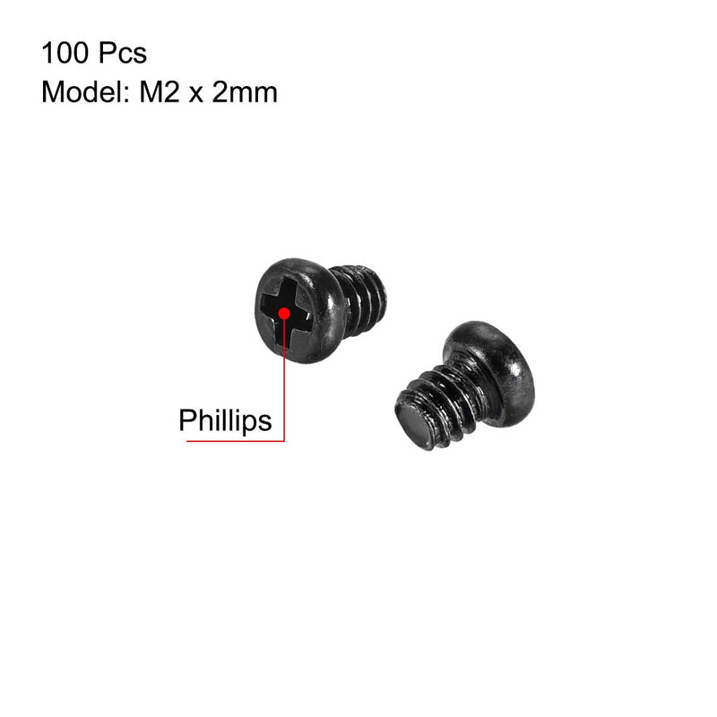 uxcell M2x2mm Phillips Screw Fastener Black 2.8mm Dia Screw Head for Laptop PC TV Fan Switch 100pcs