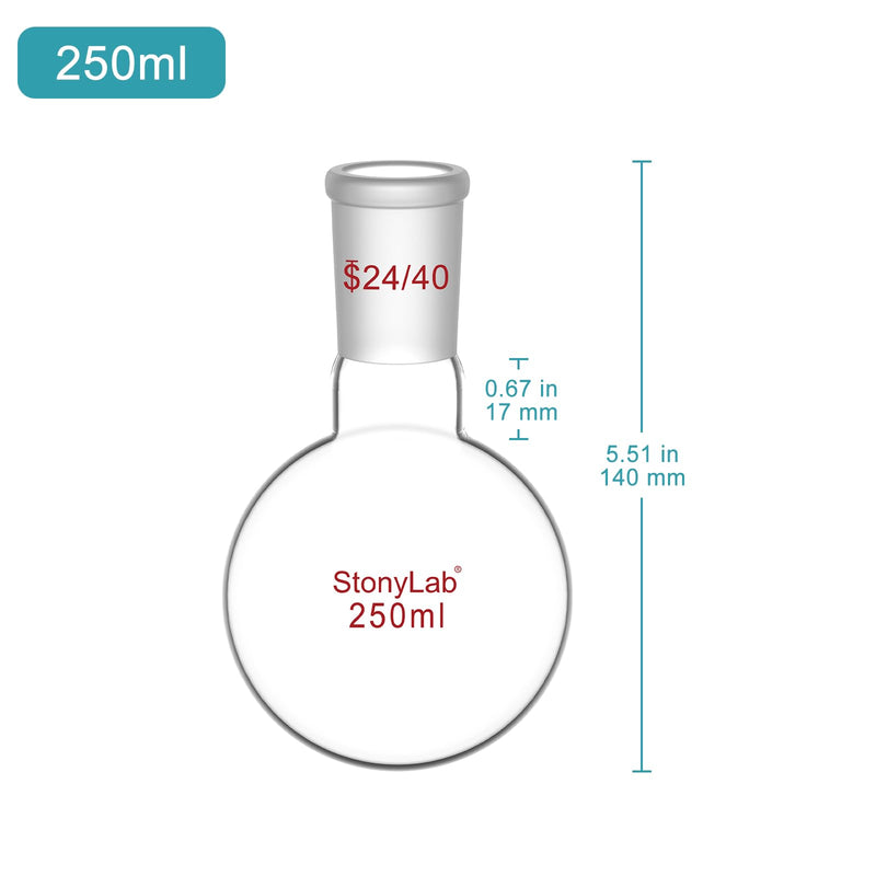 StonyLab Glass 250ml Short Neck Round Bottom Flask, Borosilicate Glass Single Neck Heavy Wall Flask RBF with 24/40 Standard Taper Outer Joint - 250ml 250 ml