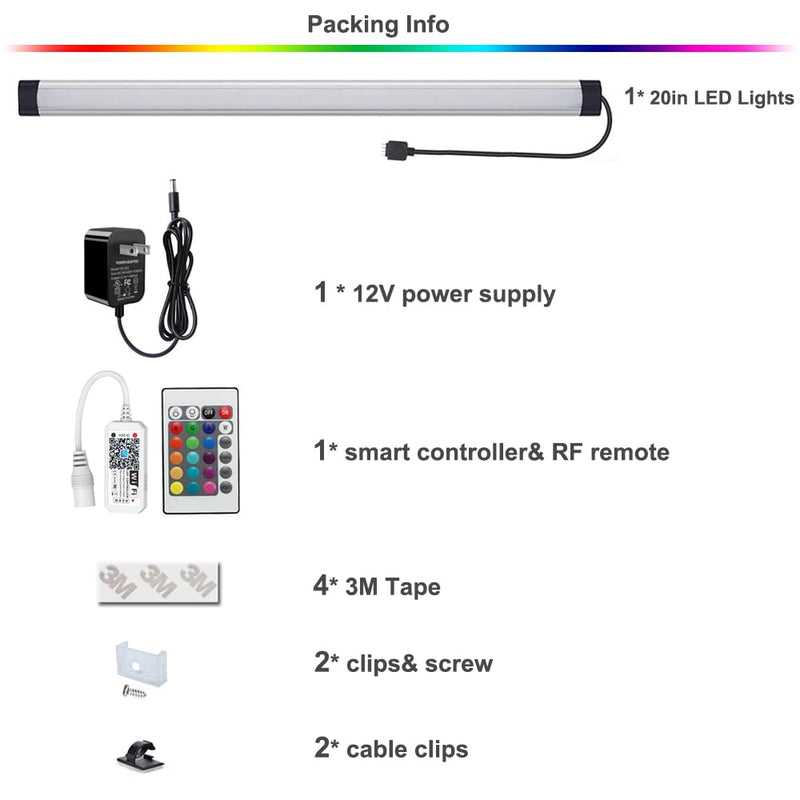Under Cabinet Lighting Kit, Dimmable Under Counter Lights, RF Remote 20 Inch LED Light Bar, Remote Linkable RGB Lights Work with Alexa, Smart Lamps for Kitchen, Desk, Workbench, Shelf (1 Pack) 1 Pack Kit