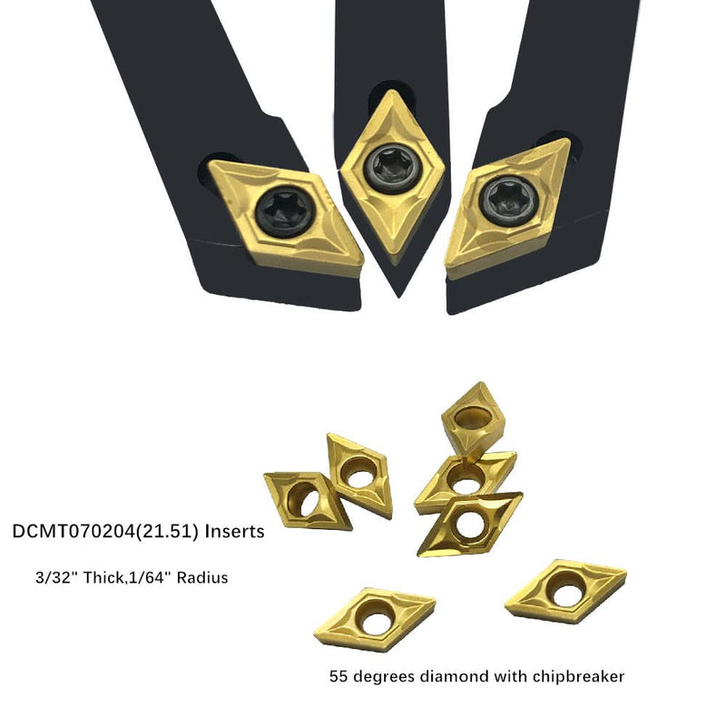 10pcs DCMT070204 DCMT21.51 Carbide Turning Inserts with 3pcs Indexable Turning Tool Holders SDJCR0808H07 + SDJCL0808H07 + SDNCN0808H07 CNC Lather Tools 3pcs tool holders + dcmt21.51