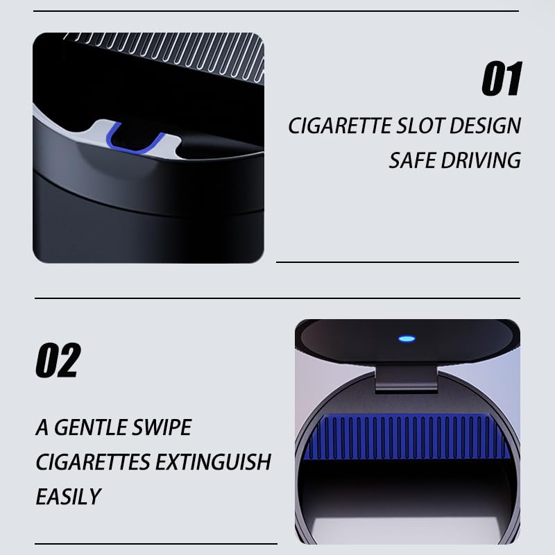 Ashtray with Lid Smell Proof,Smokeless Ashtray for Cup Holder,Cigar Ash Tray,Detachable Stainless Steel Car Ash Tray with LED Auto Light, for Most Car, Office, Home (Black)