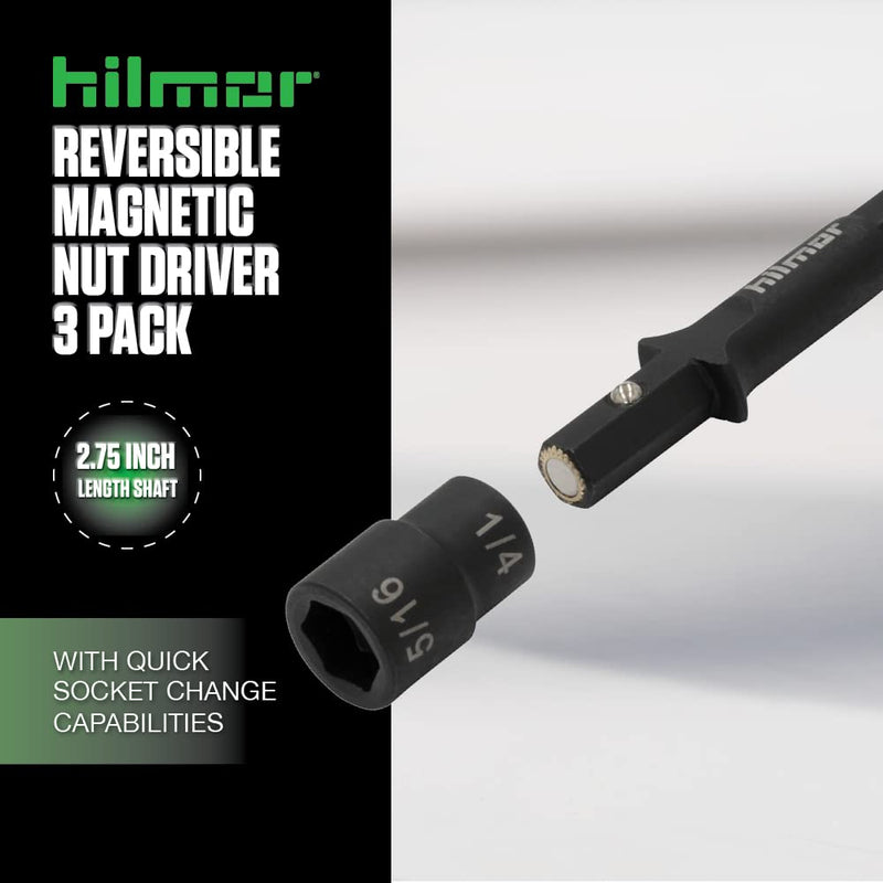Hilmor 1937881 2.75” Reversible Magnetic Nut Driver Set with Nut Sizes 1/16 to 5/16-Inch, 6150 Alloy Steel Switchbit, 3-Pack 2.75"