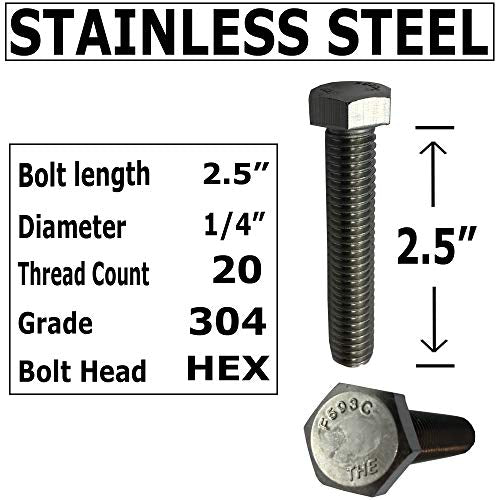 1/4" - 20 x 2.5. 304-STAINLESS Steel Bolts, Nuts & WASHERS - 18-8 HEX Head Bolt - 304 Grade. General Purpose (10) Bolts + (10) Nuts + (10) Washers