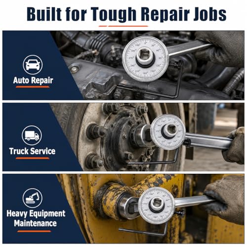 Torque Angle Gauge, 1/2" Drive Mechanical Torque Wrench Adapter with Zero Return & Dual Adjustable Arm, 360° Scale, Heavy Duty Tool for Auto, Trucks & Heavy Equipment Repair