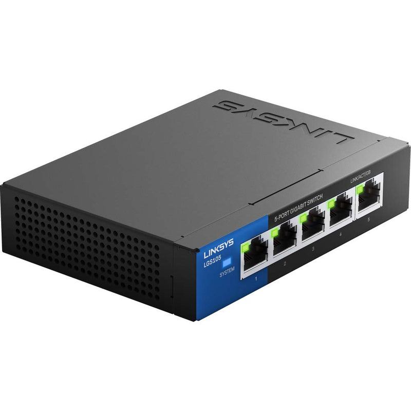 Linksys LGS105: 5-Port Business Desktop Gigabit Ethernet Unmanaged Switch, Computer Network, Wired Connection Speed up to 1,000 Mbps (Black, Blue) LGS105 - 5-Port - Unmanaged