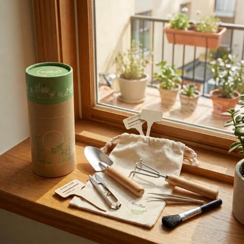 Indoor Garden Tools for Gardening - KiiZYS 12-Piece Small Garden Tools Set - Indoor Gardening Gifts for Women - Mini Hand Tools House Plant Tool Artistically Illustrated Gift Box