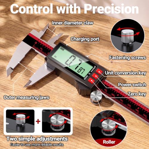 Digital Caliper 8 Inch, Rechargeable Calipers with LCD Screen, Inch/MM/Fraction, Stainless Steel Vernier Caliper Measuring Tool for DIY, Household, Jewelers Tools, 3D Printer