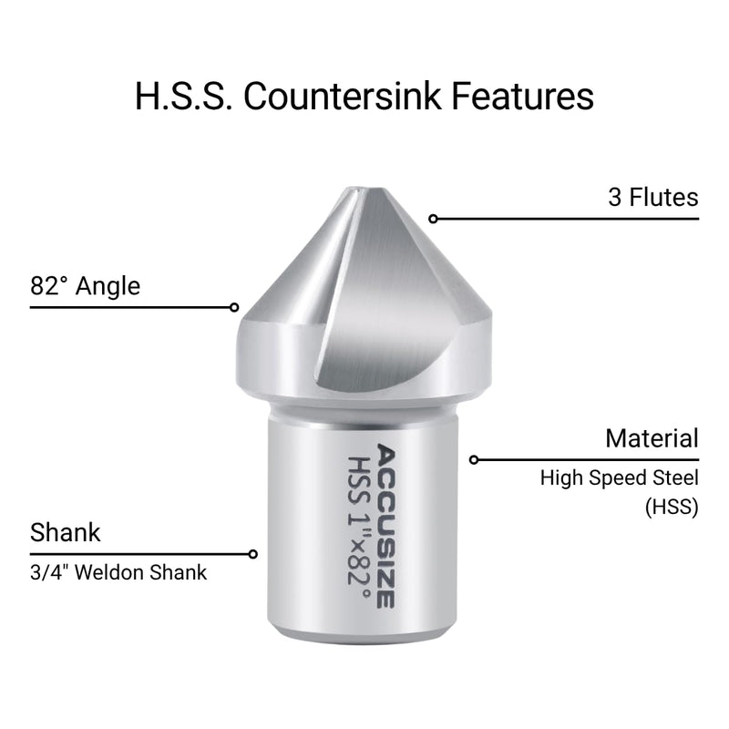 Accusize Industrial Tools HSS Countersink, 1", 82°, CE82-0001 | 1" Dia, 3/4" Weldon Shank, 3-Flute HSS, for Rota-Cutter 1", 82°