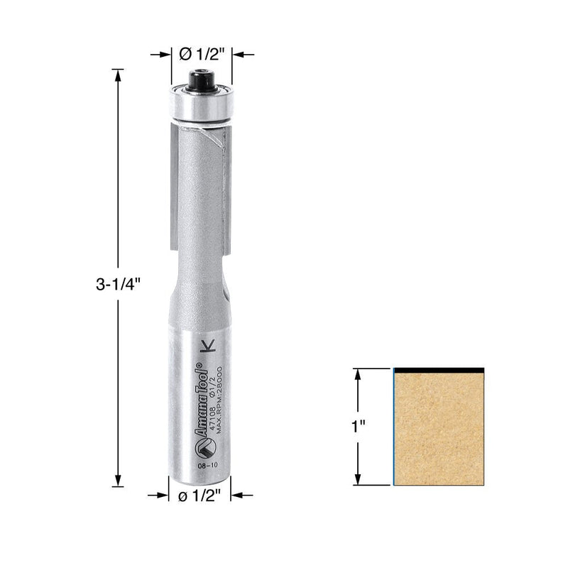 Amana Tool - 47108 Carbide Tipped Flush Trim 1/2 Dia x 1" 2 Shank