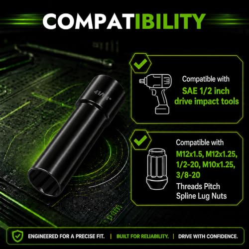 AUTOPTIM 6 Spline Lug Nuts Socket Key - 1/2" Drive Impact for 17mm Hex Nuts Impact Socket Black