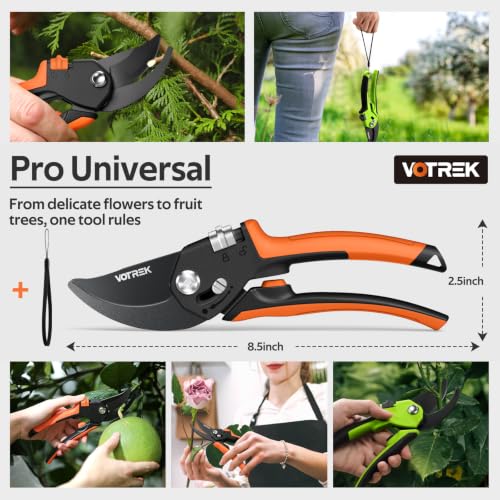 Pruning Shears, Patented Stepless Handle Opening for All Hand Size Bright Orange
