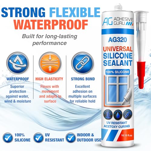 Adhesive Guru All Purpose Clear Silicone Sealant Waterproof 10.15 fl.oz, 100% Silicone Caulk, Weatherproof & Flexible Adhesive Sealant for Indoor and Outdoor Use, Transparent - 1 Pack 10.15 fl oz