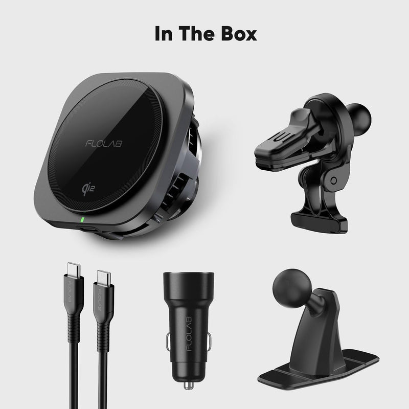 FLOLAB Qi2 15W Wireless Car Charger for iPhone 16/15/14/13/12 Qi2 Car Charger, Magnetic Vent Mount/Dashboard Mount Car Phone Holder, Fast Charging with Cooling Qi2 15W Fast Charging Kit 1