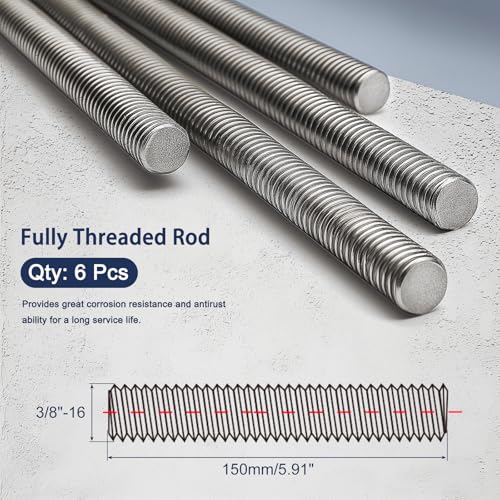 3/8"-16 Fully All Threaded Rod & Studs, 150mm/5.91" Length, 304 Stainless Steel Right Hand Thread Screw for Furniture Anchor Bolts, Clamps, Hangers and U-Bolts 6 Pack 3/8"-16 x 5.91"