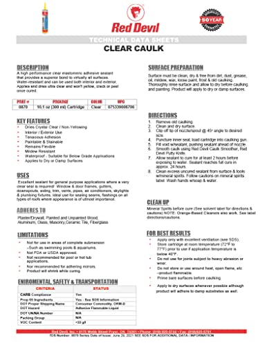 Red Devil 0870 Clear Caulk High Performance Adhesive Sealant, 10.1 Oz., Clear, 1 Pack 10.1 Oz.