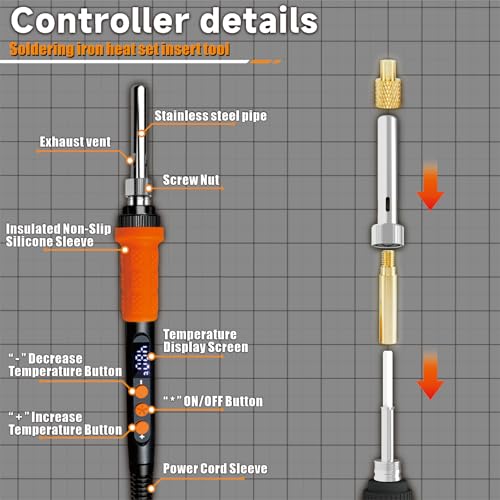 CS901 Heat Set Insert Tool Kit, 90W Digital Soldering Iron with 180-500℃ LCD Temp & Threaded Inserts M2 M2.5 M3 M4 M5 M6 M8 for Plastic 3D Printing, Compatible with Heat Set Tasks