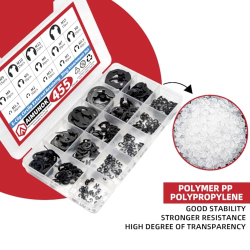 455Pcs E-Clip External Retaining Rings Snap Rings Assortment Set, High Carbon Steel C-Clip Kit, 14 SAE Sizes Circlip Snap Rings M1.5- M15 455pcs E-clip Carbon Steel