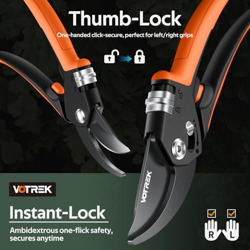 Pruning Shears, Patented Stepless Handle Opening for All Hand Size Bright Orange