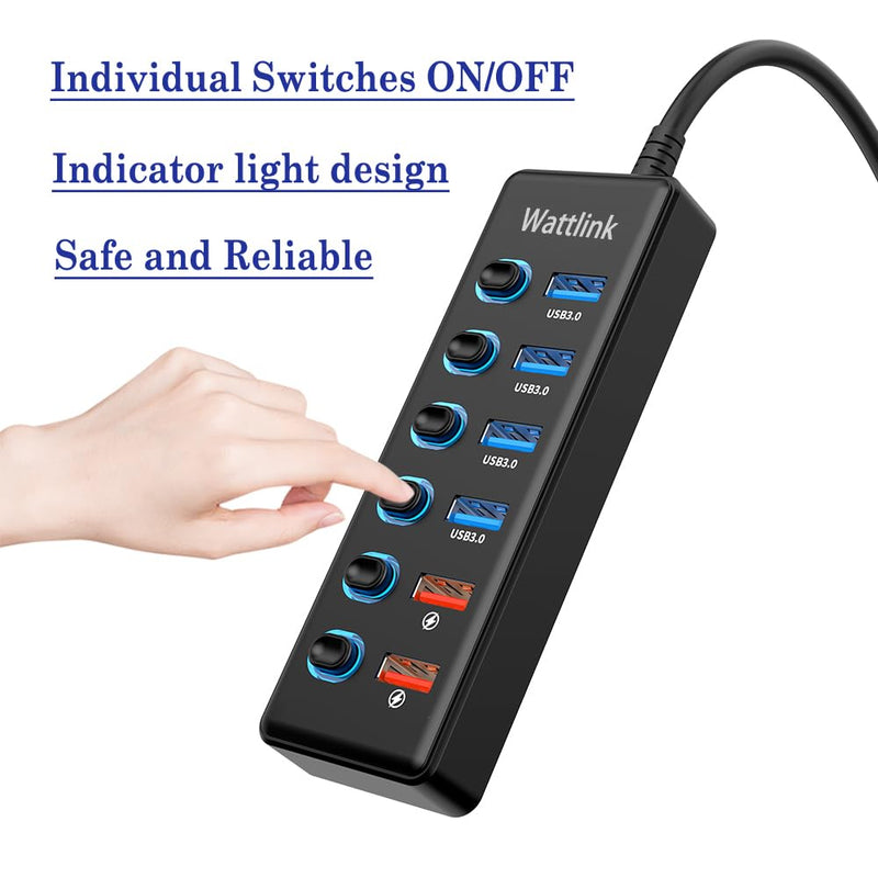 Powered USB 3.0 Hub, 6 Ports Hub Splitter with Power Adapter, 4 Data Ports + 2 QC 3.0 Fast Charging Ports, Individual LED Switches, Black