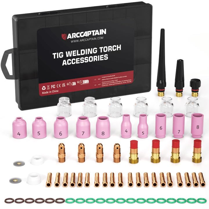 ARCCAPTAIN TIG Welding Torch Accessories kit 71 Pcs Alumina Nozzle Collets Body Stubby Gas Lens #12 Glass Cup consumables Kit For WP-17/18/26-Black