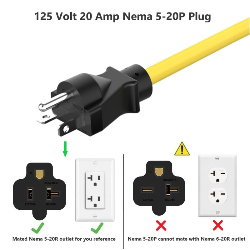 10-Ft Nema 5-20P Extension Cord 12AWG Nema 5-20 Heavy Duty Extension Cord 20Amp 125V Plug to 5-20R, 5-15R, 6-15R, 6-20R (4 in 1) Female T Blade 20-AMP Cable, 20A 125V Plug AC Power Cable
