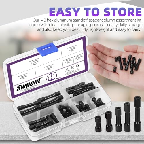 Swpeet 48Pcs 6 Sizes M3 Hex Aluminum Standoff Spacer Column Assortment Kit, M3×10/15/20/25/30/35mm Hexagonal Connecting Column, Hex Standoff Spacer Hexagon Studs for RC Aircraft, Drone, CN, FPV