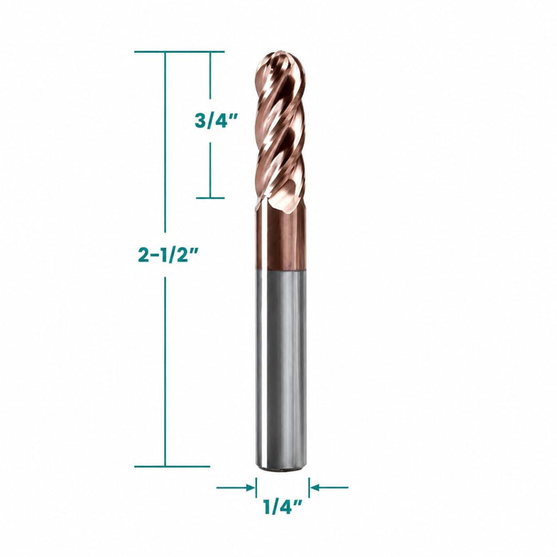 NZ 1/4" 4-Flute Ball Nose End Mill TiSiN Coated Carbide CNC Router Bits for Machining Stainless Steel, Alloy Steel and Titanium Alloy, 5-Pack 1/4 inch